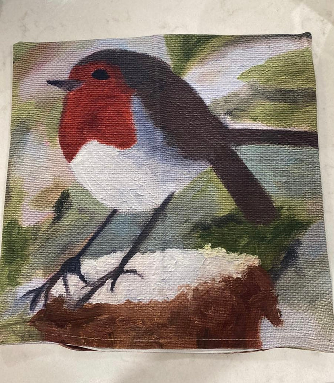 Soft touch cushion with red Robin image from original painting