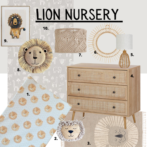 cute lion themed baby nursery mood board 