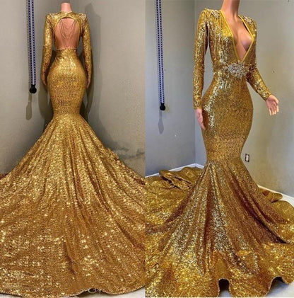 2023 Sexy Mermaid Gold V Neck Backless Long Sleeves Sequence African American Prom Dresses