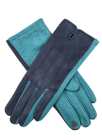 Women's Touchscreen Velour-Lined Faux Suede Gloves with Colour Contras