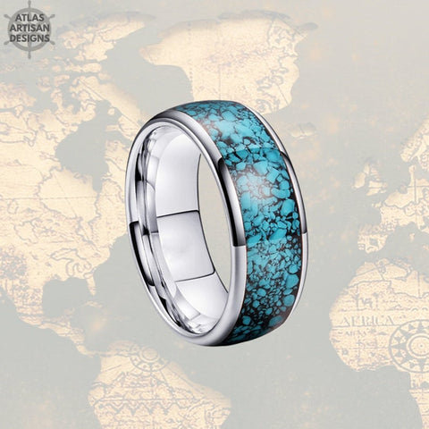 8mm Silver Mens Turquoise Ring Unique Nature Ring Tungsten Wedding B Atlas Artisan Designs