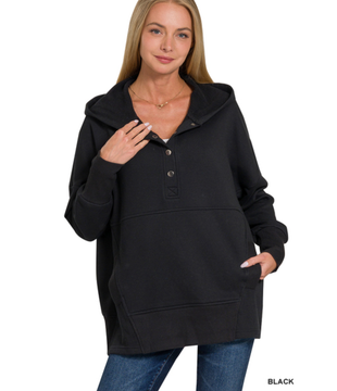 Black Haley Half Button Fleece Hooded Pullover