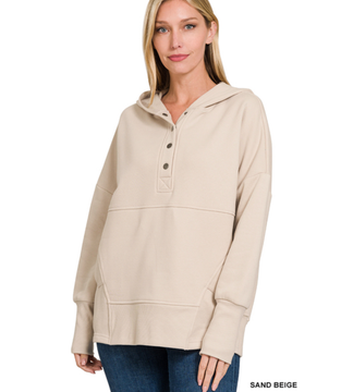 Sand Beige Haley Half Button Fleece Hooded Pullover