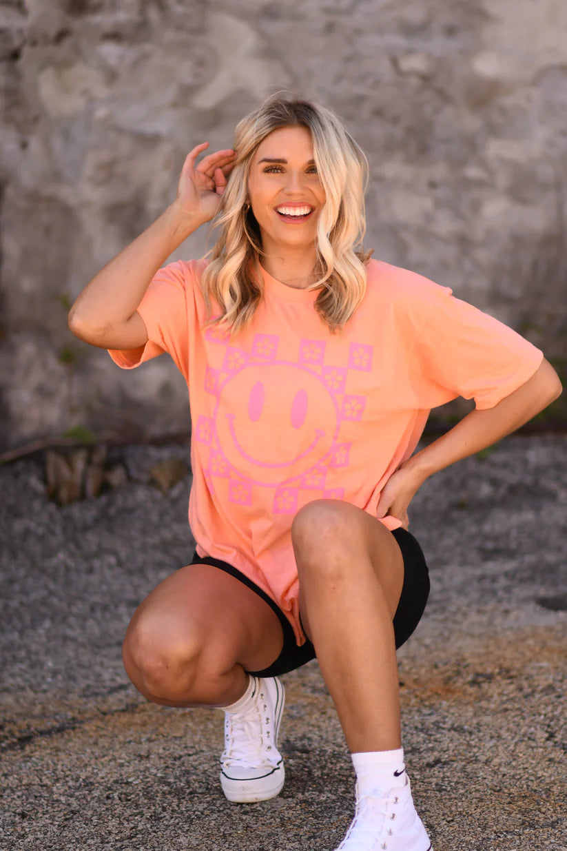 Heather Cantaloupe Flower Checkered Smiley Graphic Tee