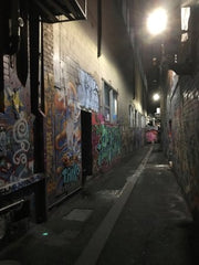 A dark brick alleyway with street art murals