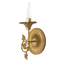 Brass wall sconce with cast brass details in the shape of a flower. Designed and made in New Orleans by Sazerac Stitches
