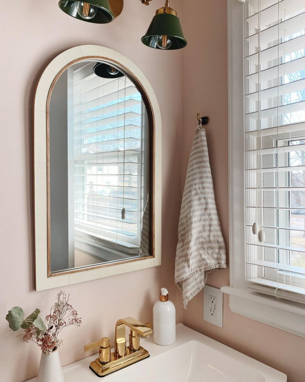 Peach and Olive Green Bathroom makeover with brass accents