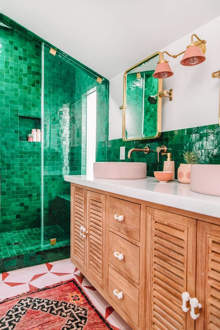 Peach and Green Master bathroom renovation - Complimentary color palettes with Peach