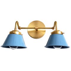 pastel blue and brass bathroom wall sconce with two sockets