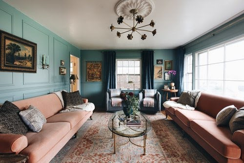 Muted Teal and Peach Victorian Modern Living Room