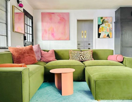 Green, blue, pink and peach vibrant pop art inspired living room