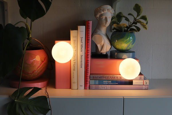 Pastel Pink Bookshelf lamps with roman style bust and plants.  Pop art decor