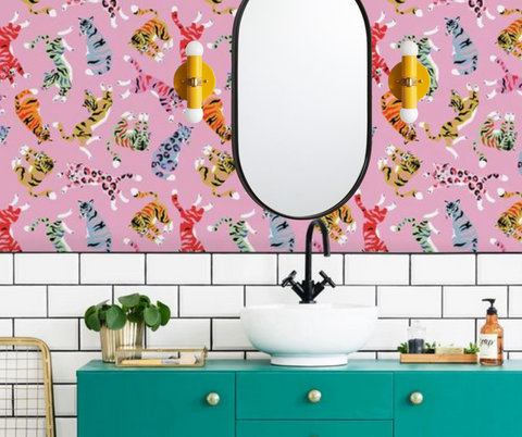 Pop Art inspired bathroom with pink cat wallpaper