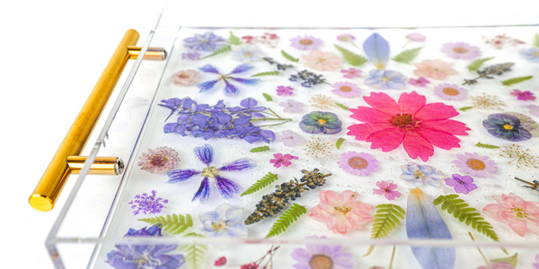 Purple and Pink Handmade floral resin tray featuring vibrant pressed flowers