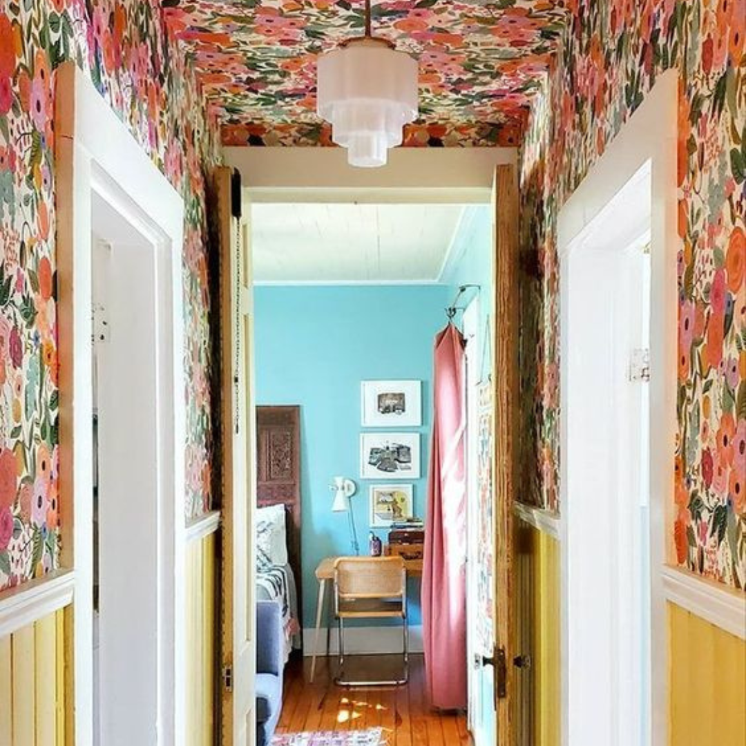 Peach and Mustard Hallway with bold maximalist wallpaper