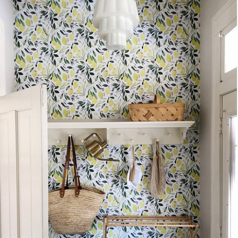 Traditional entry way with wallpaper and an art deco pendant