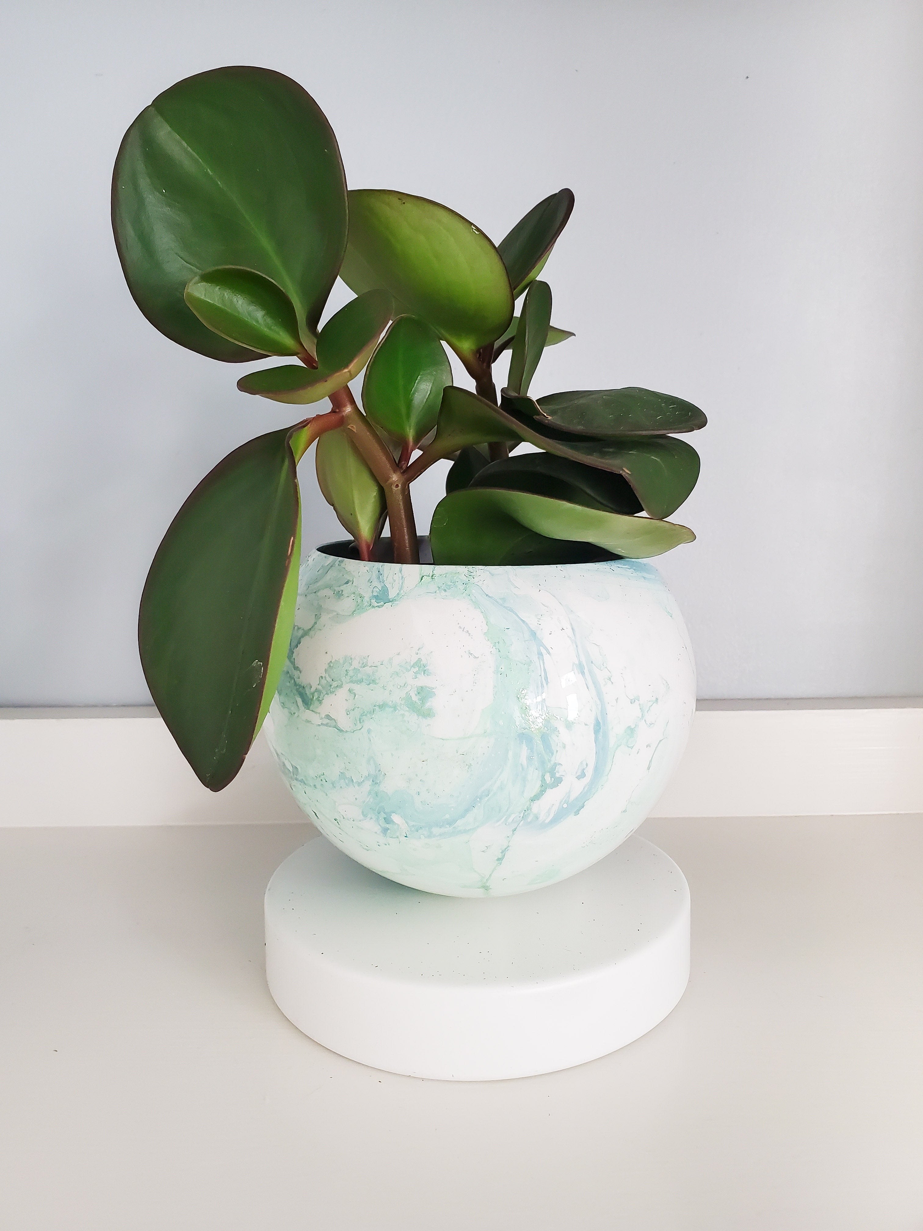 White and Pastel Blue and Green Marbled Planter