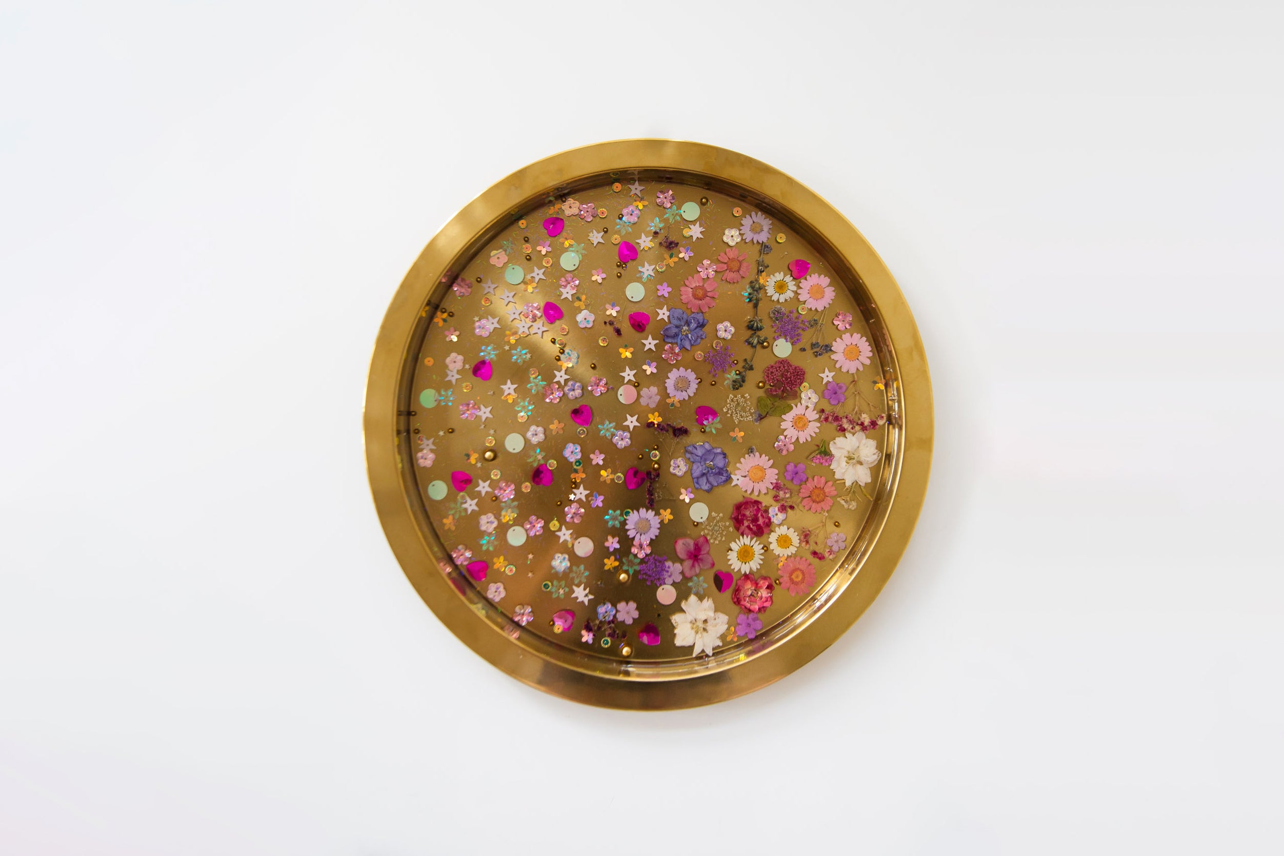 Gold Tray with Pink and Purple Flowers & Sequins