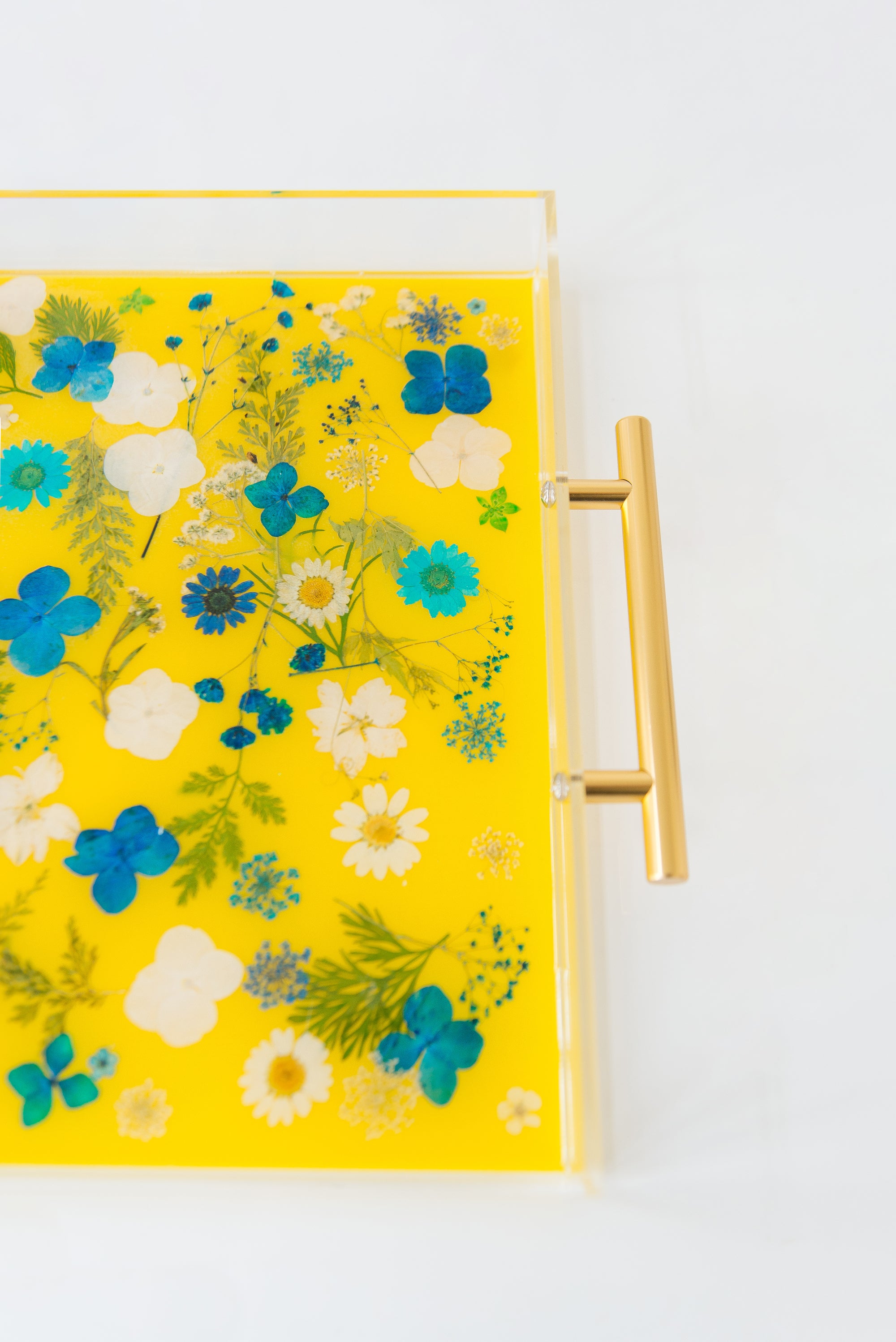 Yellow Tray with Blue & White Flowers