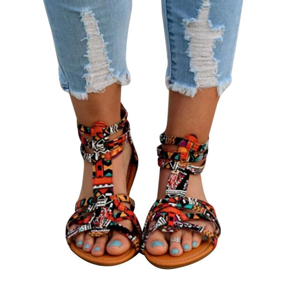 floral flat ankle strap peep toe casual gladiator sandals