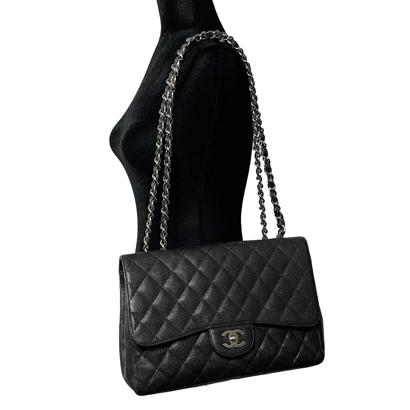 Chanel Red Quilted Caviar Jumbo Classic Single Flap Silver Hardware, 2009-2010 (Very Good), Womens Handbag