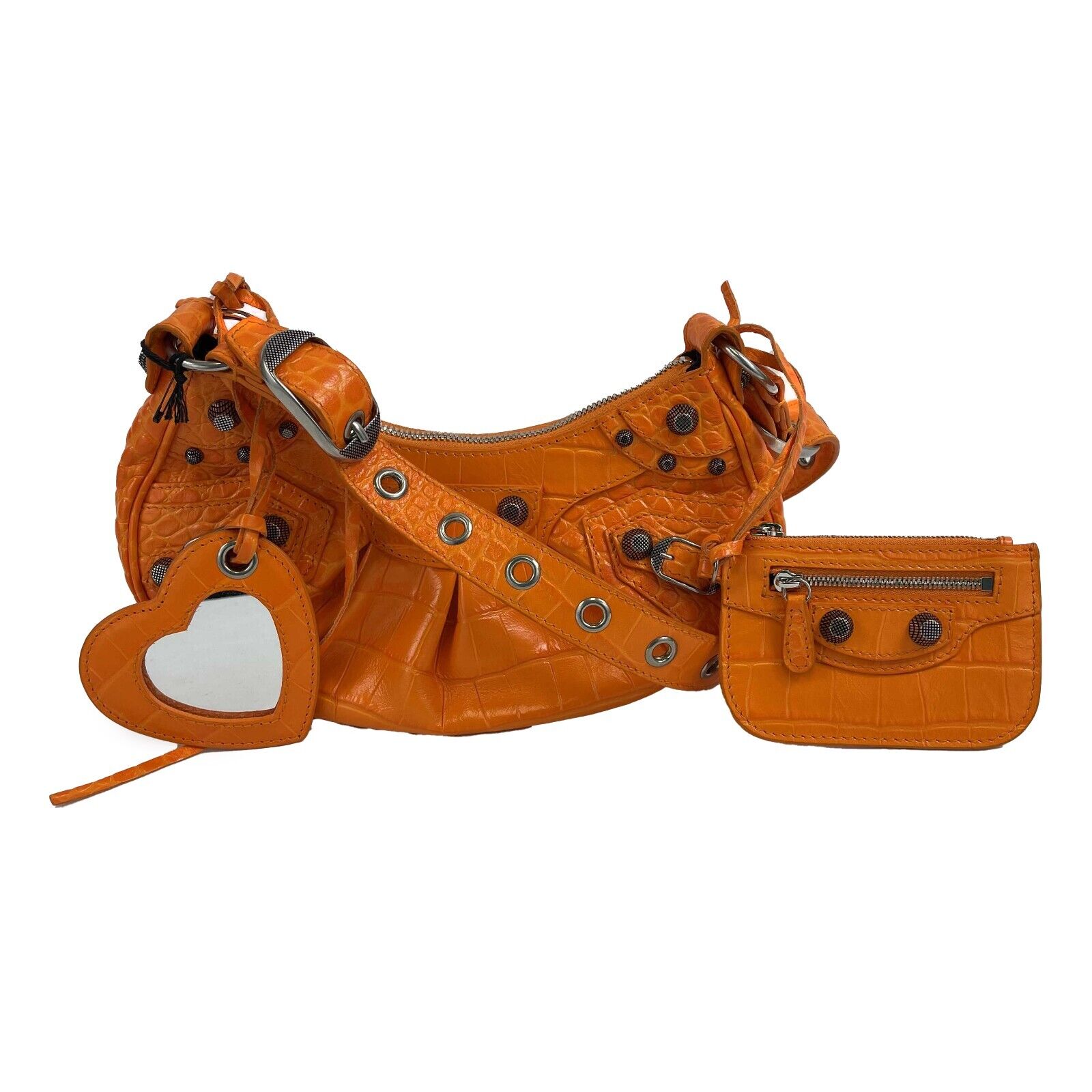 Balenciaga Orange Le Cagole XS Shoulder Bag Crocodile Embossed Studded BougieHabit