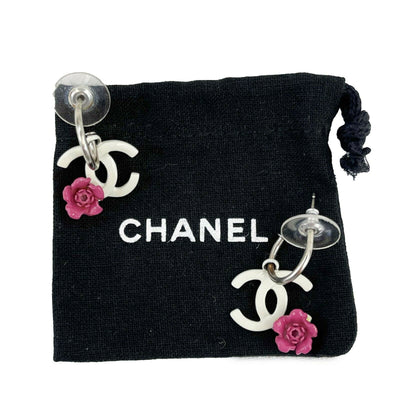 Chanel - Vintage Silver - White Enamel CC Logo Magenta Floral Dangling Earrings