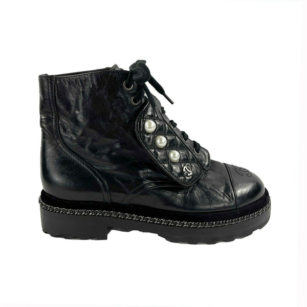 CHANEL Black Leather Combat Boots with Trim and Faux Pearl CC Details -  BougieHabit