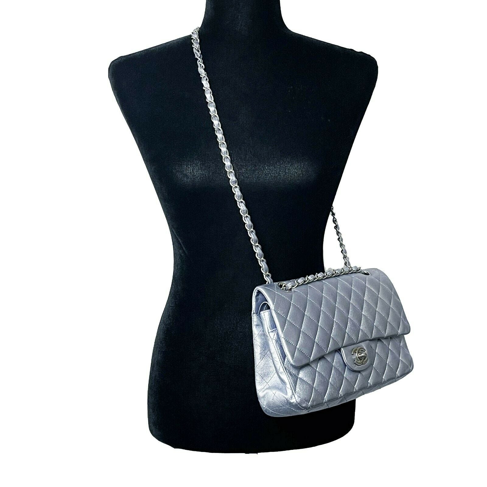 CHANEL - Classic Double Flap Metallic Silver CC Medium Leather Shoulde -  BougieHabit