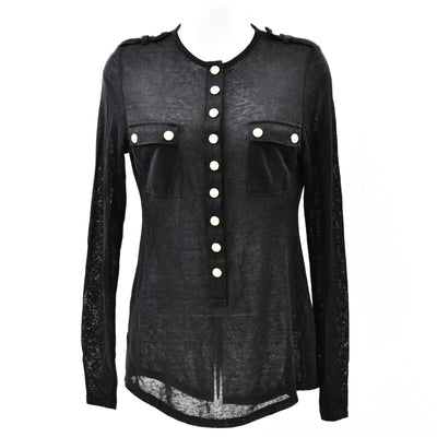 1) - Black Long Henley Top - Gold Button Military - Luxury Resale Network