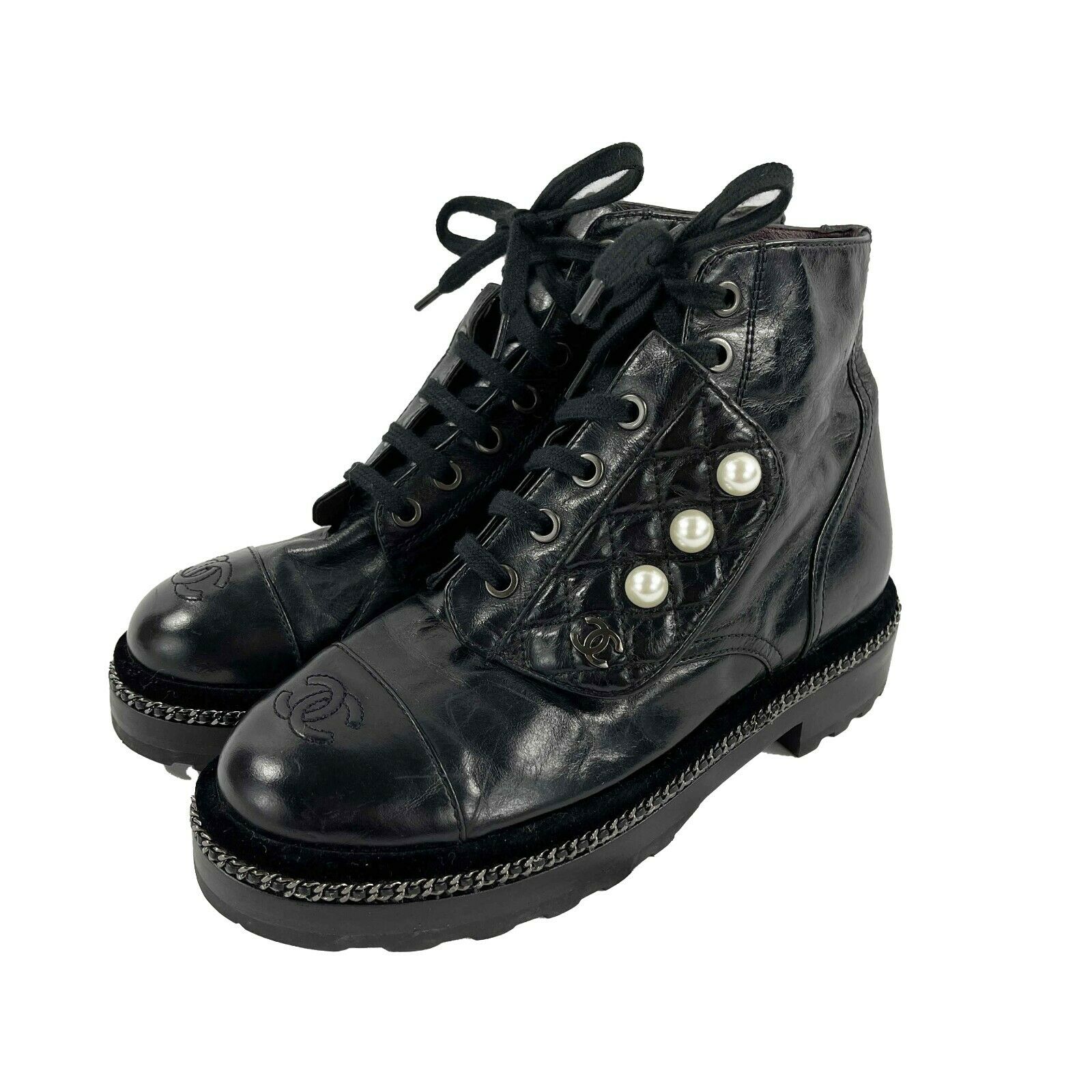 CHANEL Black Leather Combat Boots with Trim and Faux Pearl CC Details -  BougieHabit