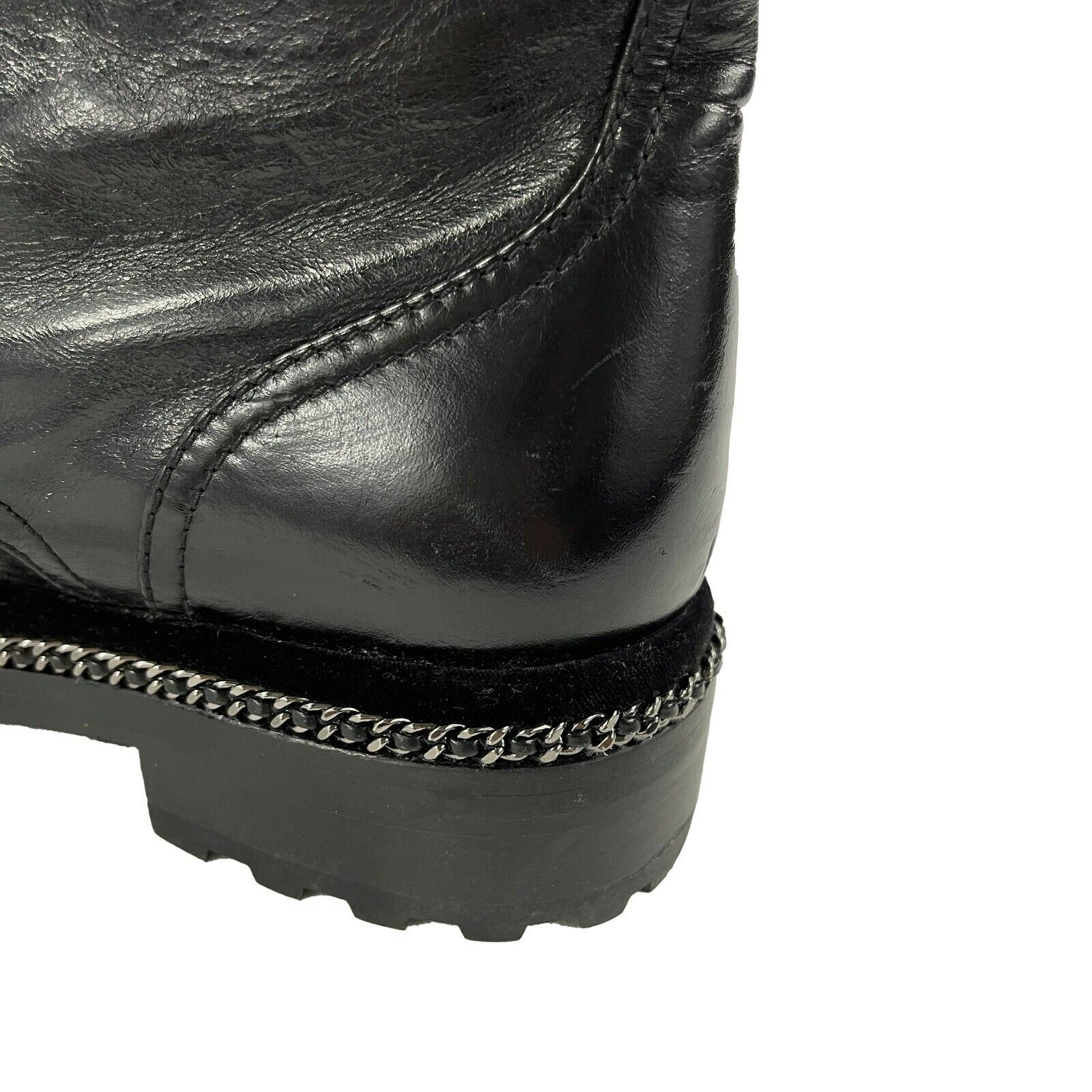 CHANEL Black Leather Combat Boots with Trim and Faux Pearl CC Details -  BougieHabit