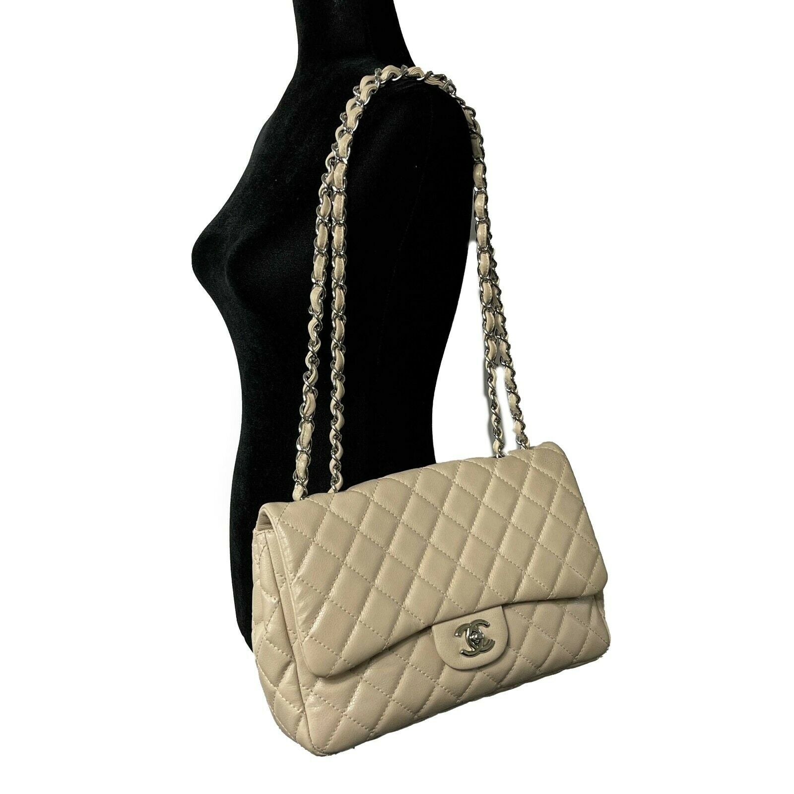 CHANEL - Jumbo Lambskin Quilted Single Flap - Beige / Silver Shoulder -  BougieHabit