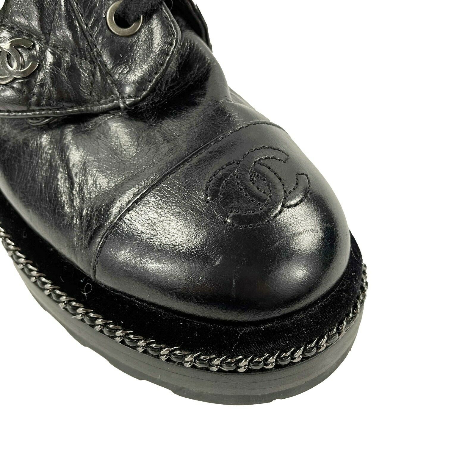 CHANEL Black Leather Combat Boots with Trim and Faux Pearl CC Details -  BougieHabit