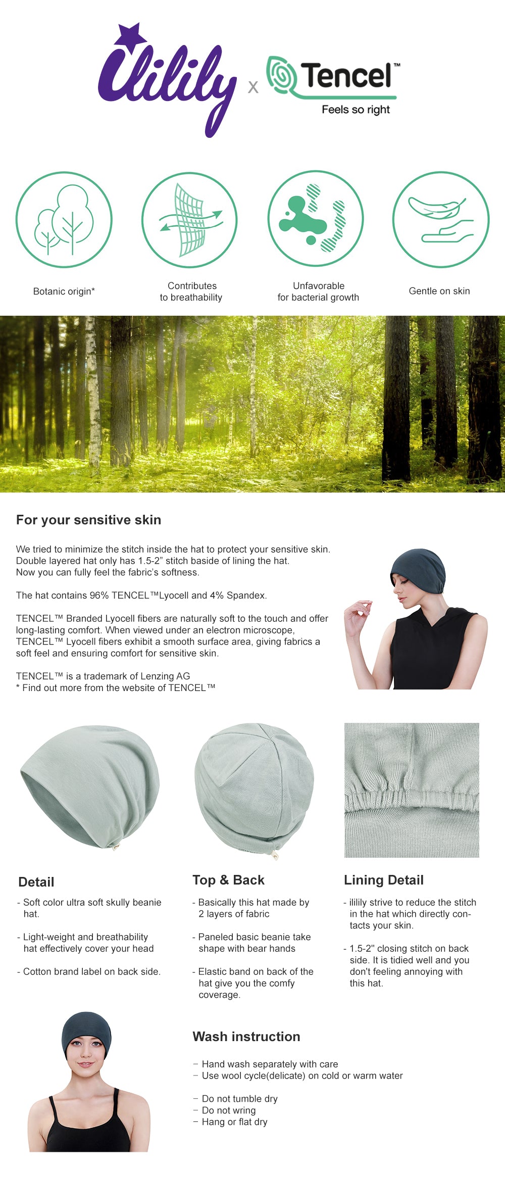 ililily Tencel Lyocell Color Beanie Ultra Soft Stretchable Head Cover Hat