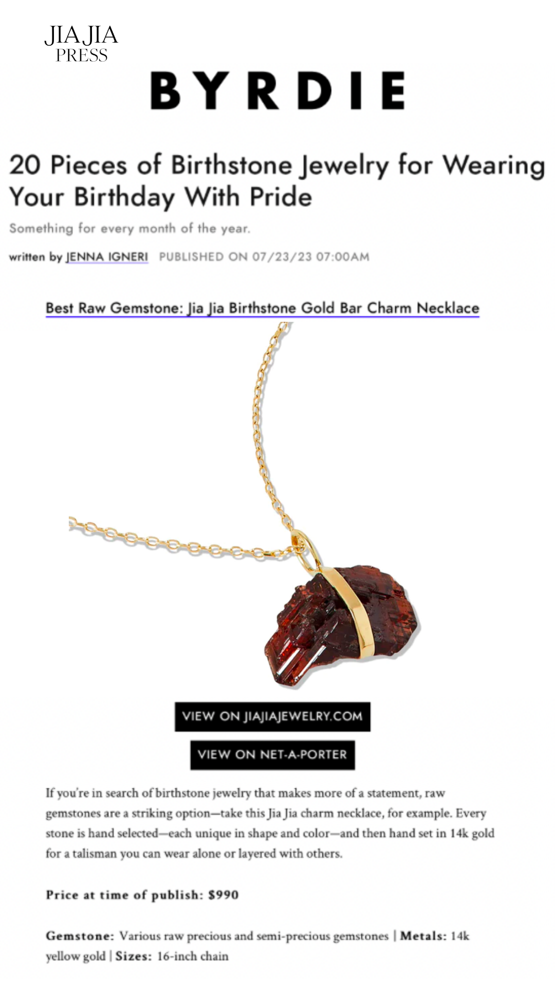 January Birthstone Garnet Gold Bar Charm Necklace