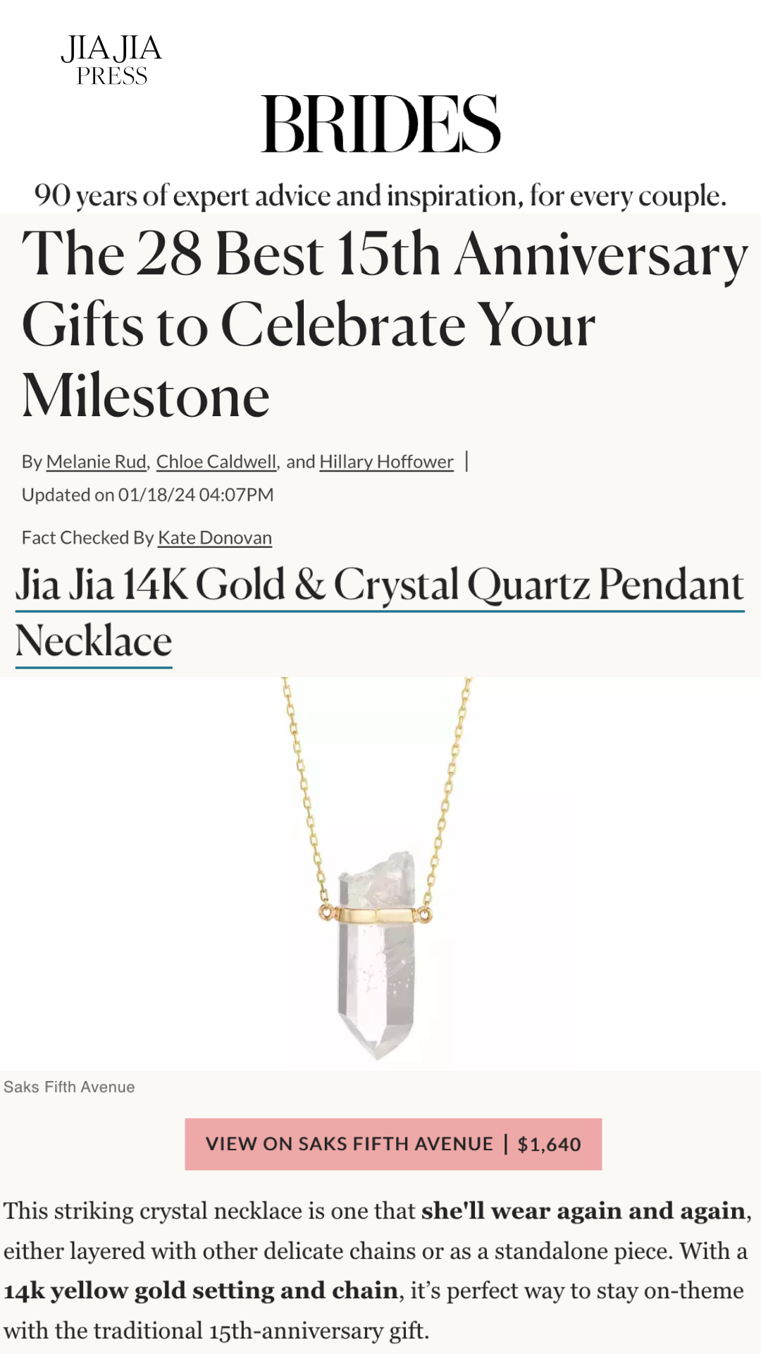 Crystalline Crystal Quartz Gold Bar Necklace