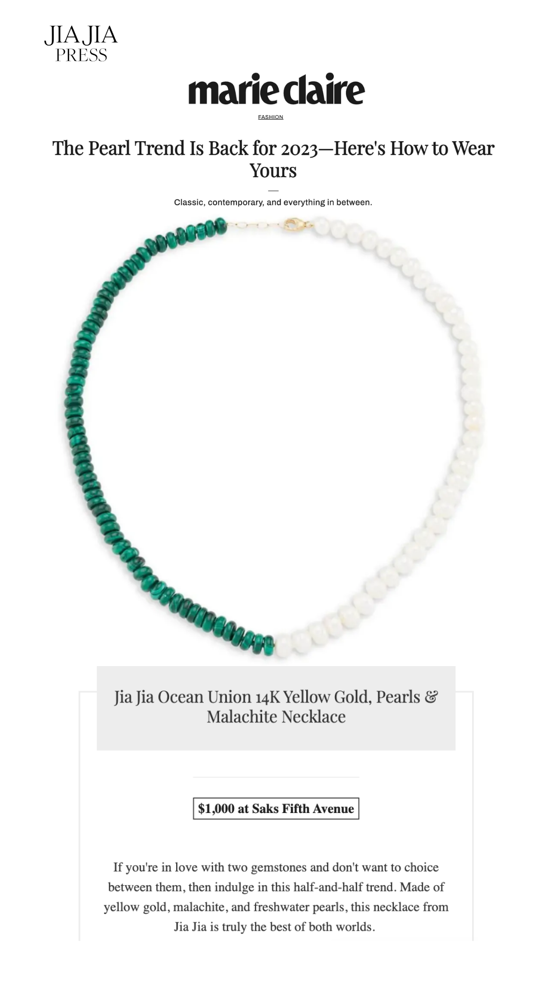Ocean Malachite Pearl Union Necklace