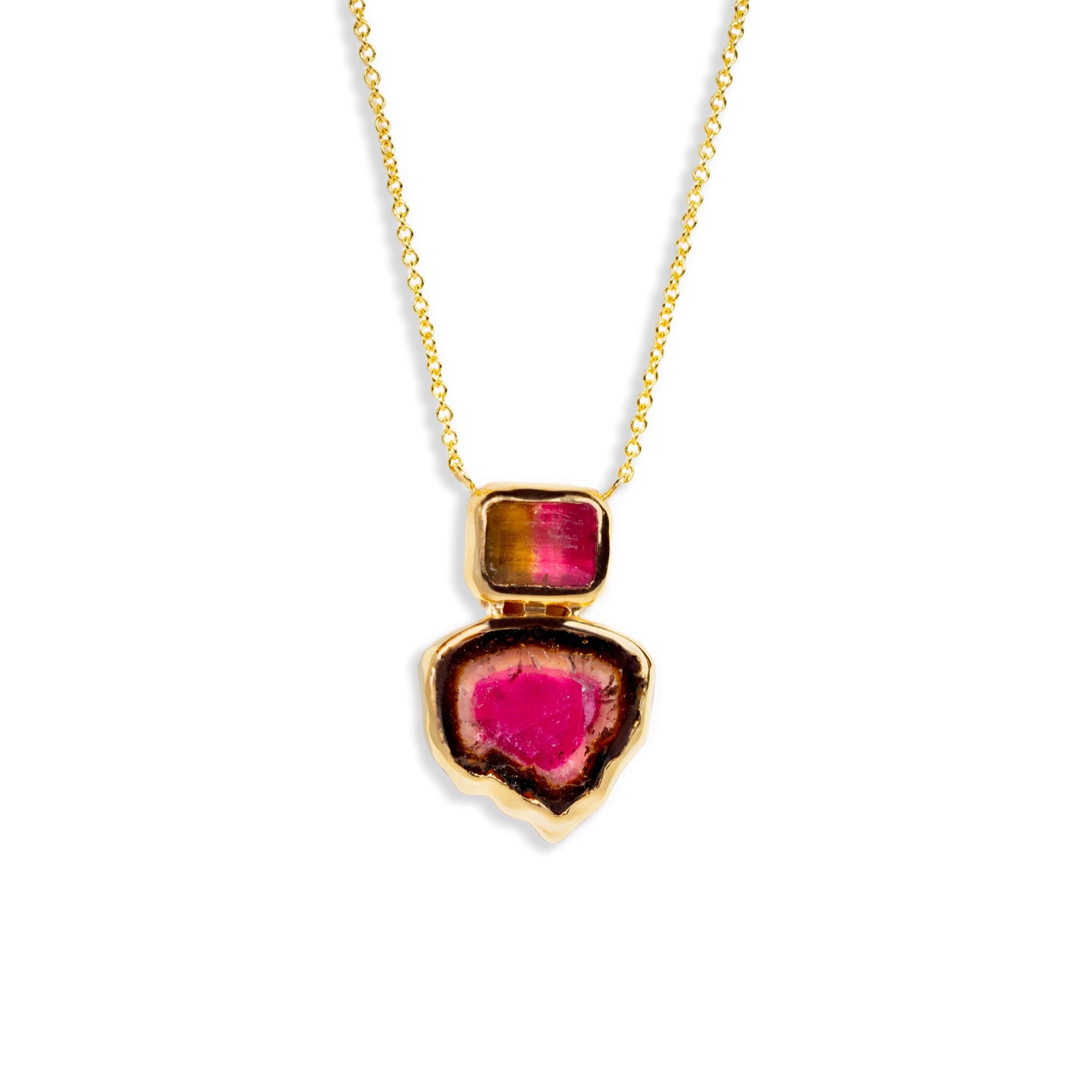 Watermelon Tourmaline Emerald Cut Gemstone Gold Bezel Necklace