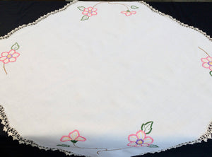 Vintage Embroidered White Linen Tablecloth with Pink Florals and Ivory Crochet Lace Border