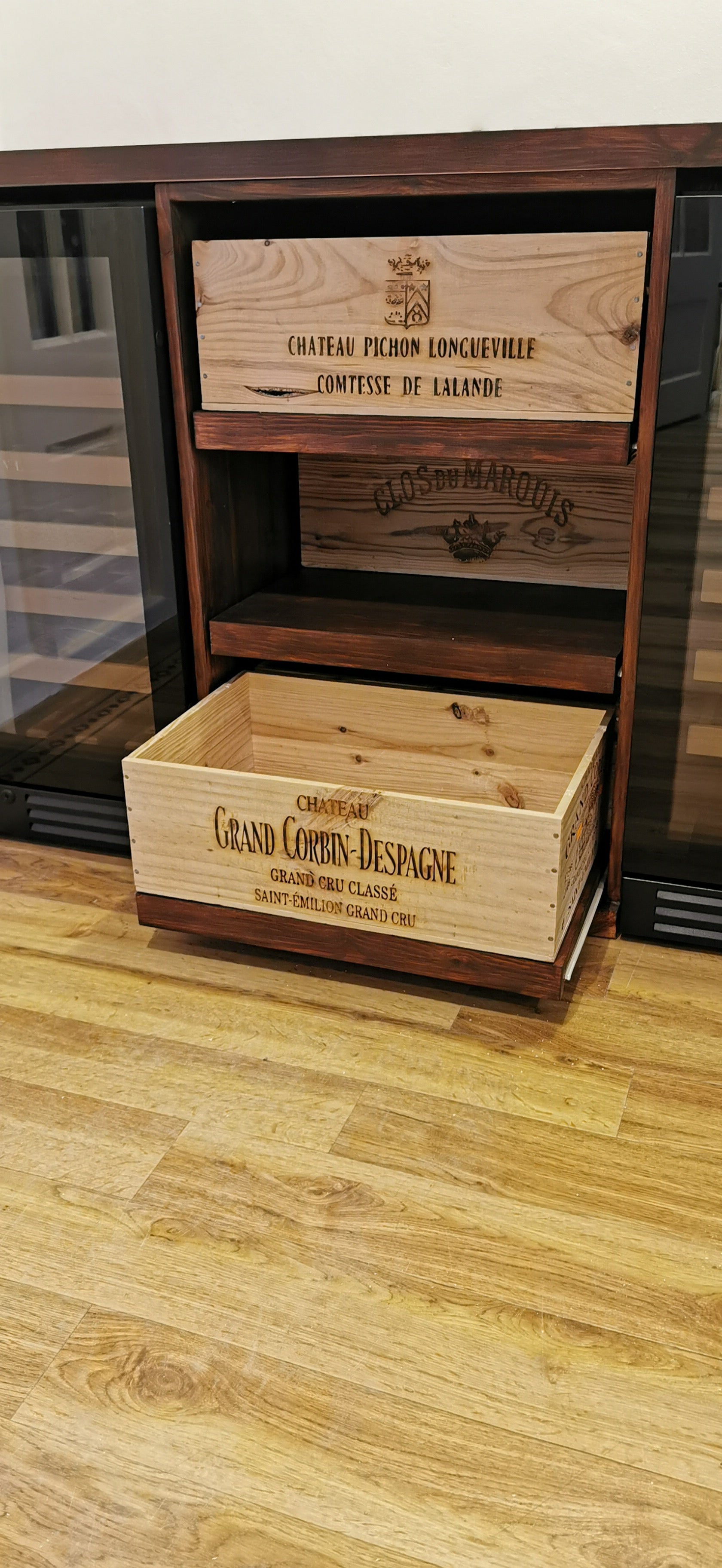 Solid Pine Wine Case Rack with sliding case shelves (Choice of wood finish available )