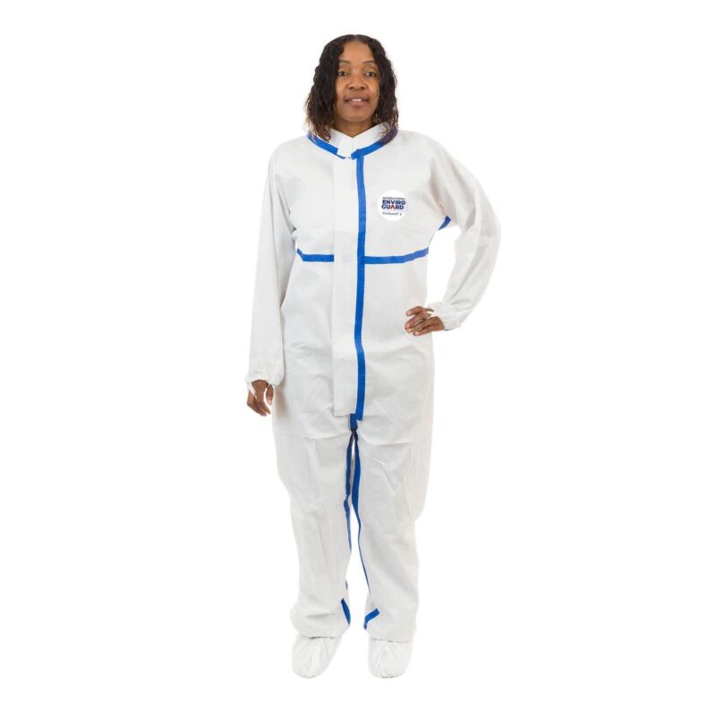 Enviroguard ViroGuard® 2, White Coverall, Elastic Wrist, Elastic Ankle, Front Zipper with Storm Flap, Thumb & Finger Loops, Taped Seams, Mandarin Collar - Size 4XL - Case of 25