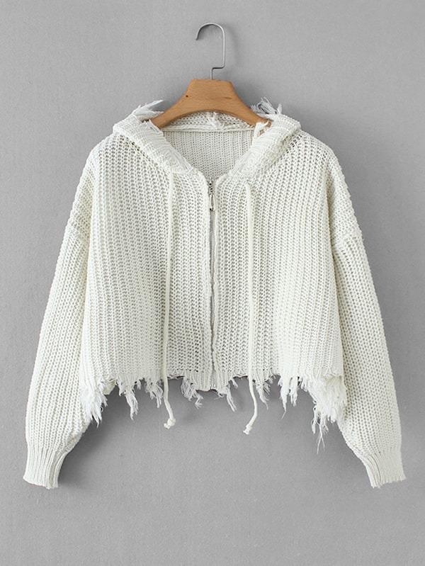 frayed drawstring hooded sweater
