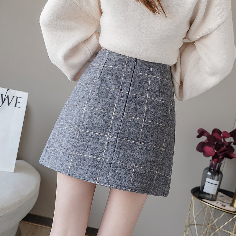 Warm Woolen Jupe Femme Ruffles Plaid Pleated Skirt