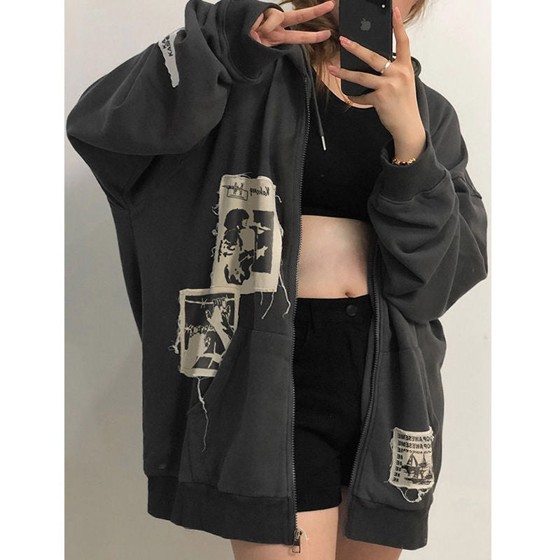 E-girl Punk Hoodie Dark Print Grunge Jacket Y2k  Vintage Women Hip-hop Streetshirt