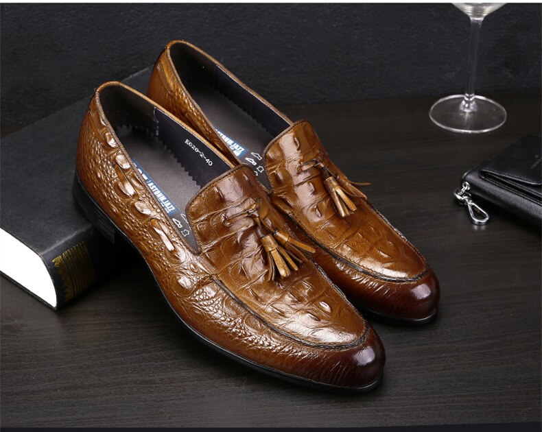 Tassel Oxfords Genuine Leather Pointed Toe Shoes Business Man Alligator Dress Shoes