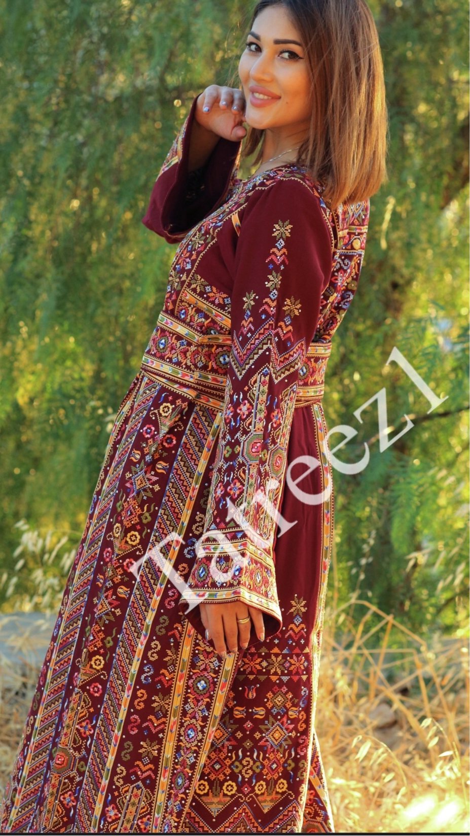 Elegant Palestinian Embroidered Rhinestones Henna Thobe Dress – Tatreez1