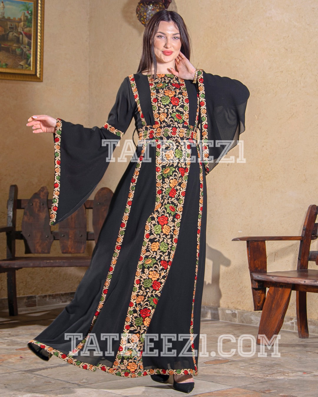 Jordanian Palestinian long Embroidered Thoub chiffon dress – Tatreez1