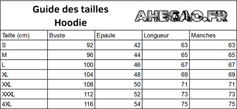 Guides des tailles : hoodies | Ahegao.fr