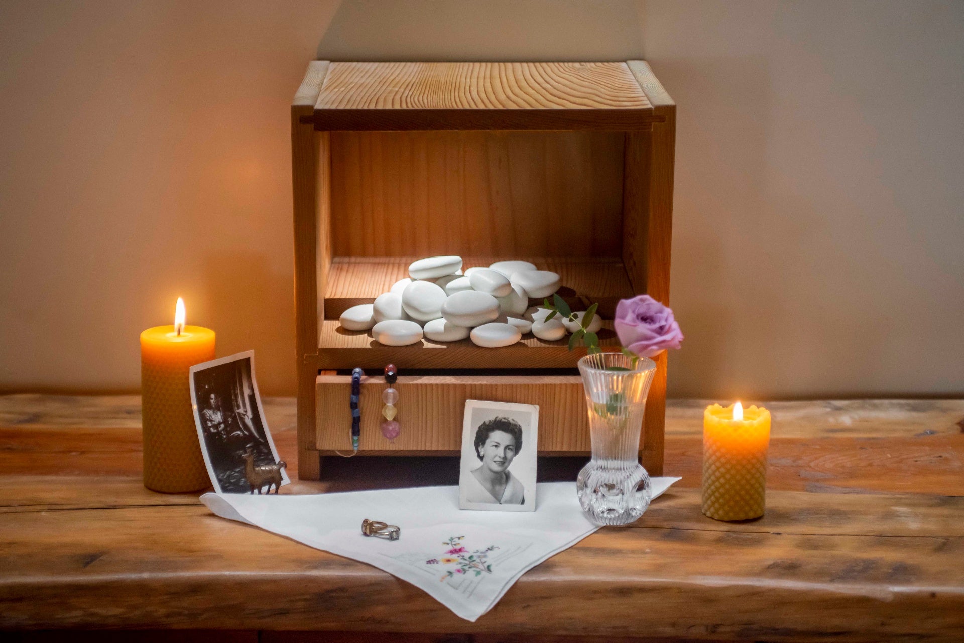 Memorial display with solidified remains in wooden box
